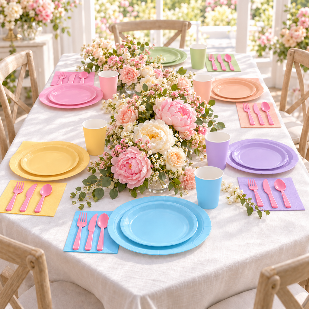 Pastel party tableware: Pastel Party Tableware  full table. Representative arrangement; styling props not included.