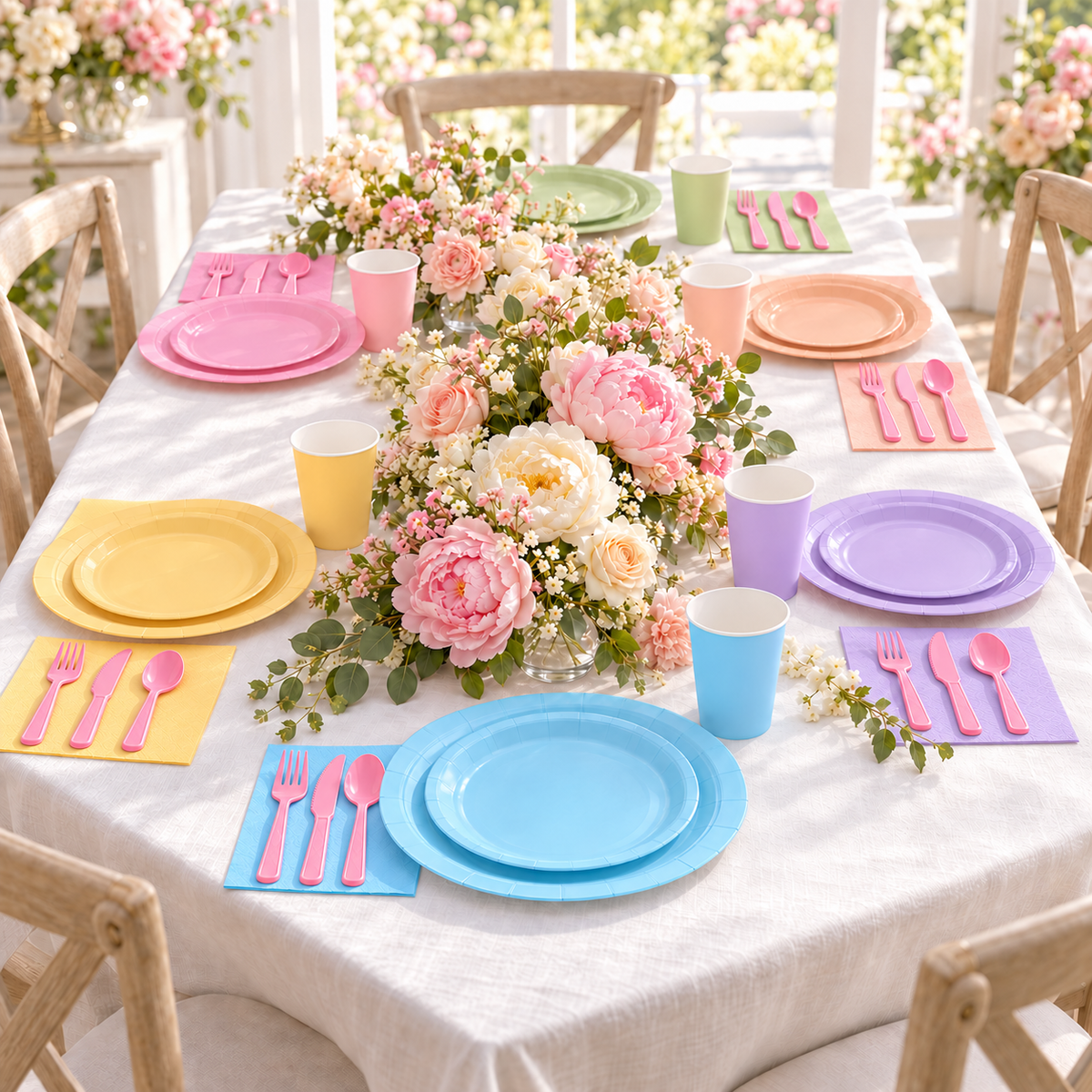 Pastel party tableware: Pastel Party Tableware  full table. Representative arrangement; styling props not included.