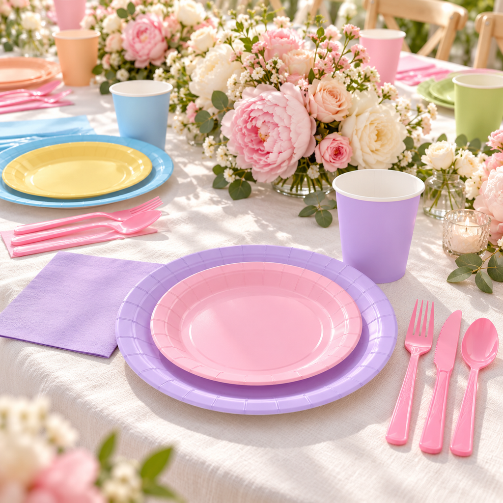 Pastel party tableware: Pastel Party Tableware  guest view. Representative arrangement; styling props not included.
