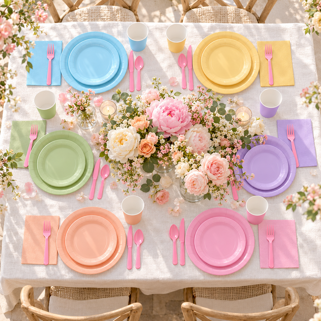 Pastel party tableware: Pastel Party Tableware  overhead table. Representative arrangement; styling props not included.