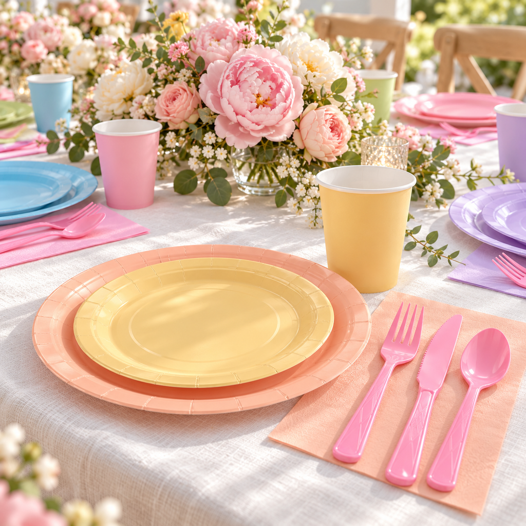 Pastel party tableware: Pastel Party Tableware  material detail. Representative arrangement; styling props not included.