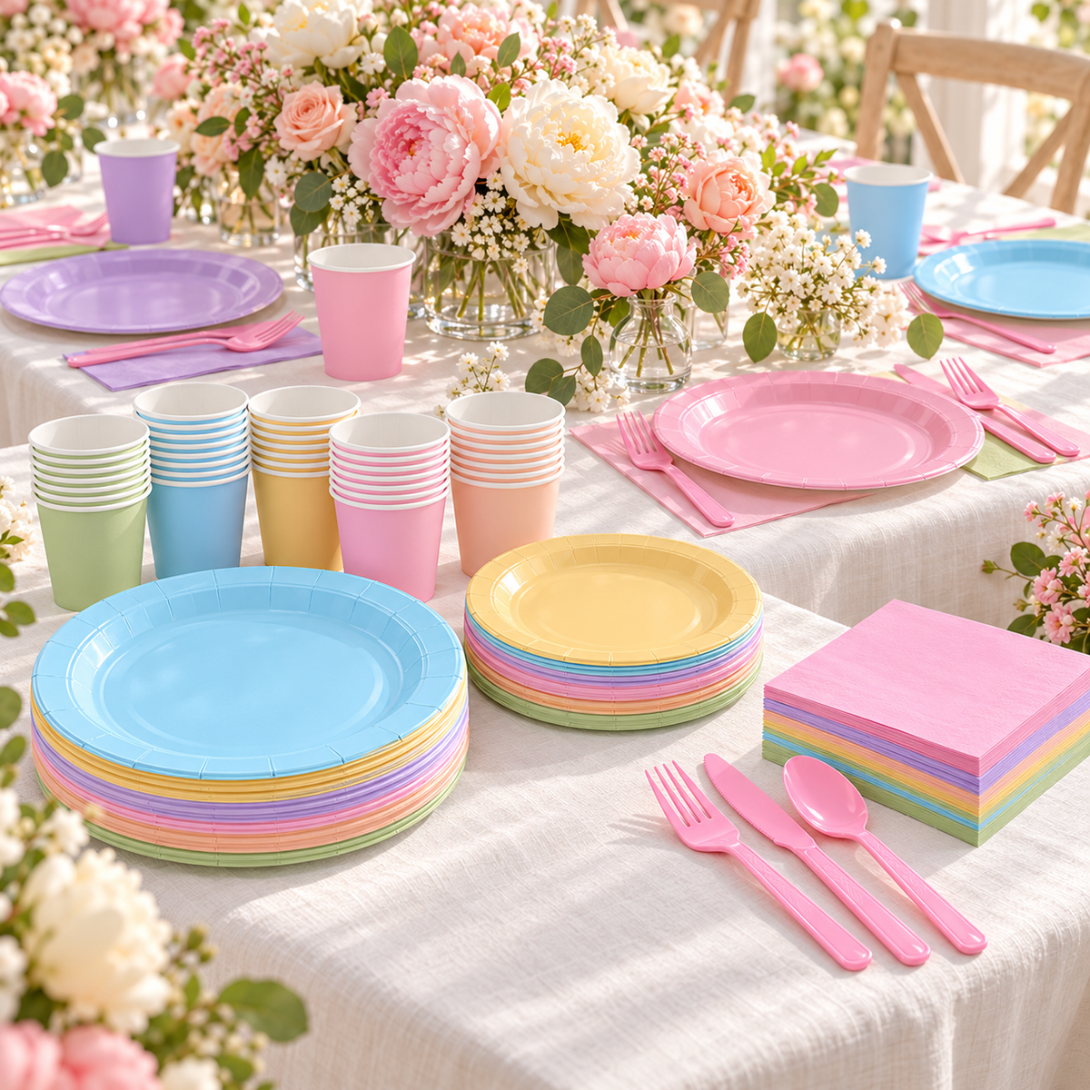 Pastel party tableware: Pastel Party Tableware  kit use context. Representative arrangement; styling props not included.