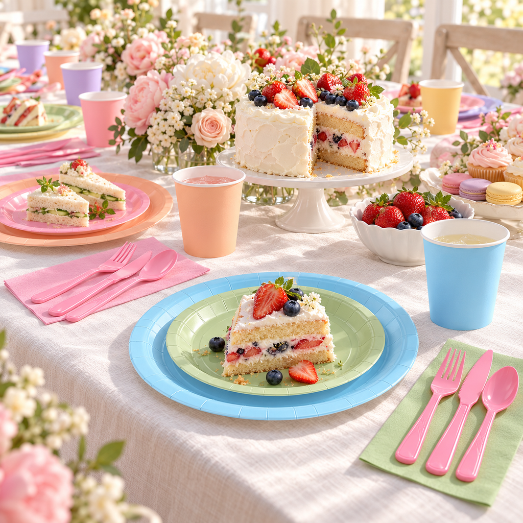 Pastel party tableware: Pastel Party Tableware  dessert serving. Representative arrangement; styling props not included.