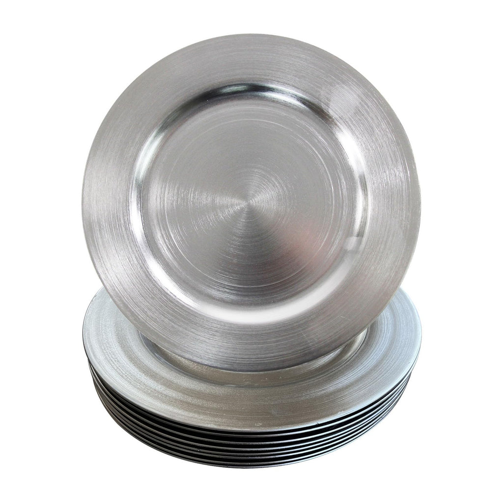 Metallic silver round decorative charger plates with a concentric brushed finish on a white background.