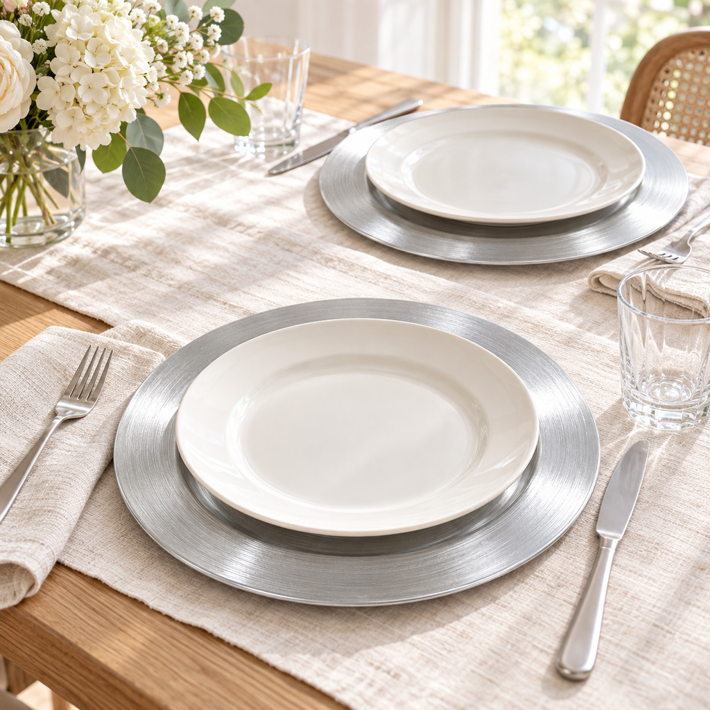 Metallic silver decorative chargers beneath separate empty ivory dinner plates on a bright linen-covered table. Styling props not included.