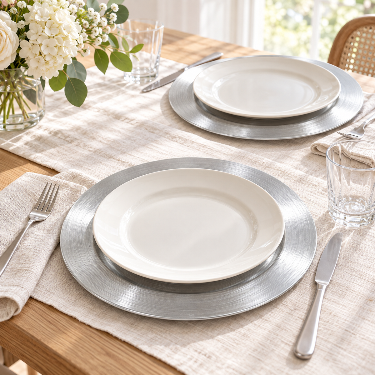 Metallic silver decorative chargers beneath separate empty ivory dinner plates on a bright linen-covered table. Styling props not included.