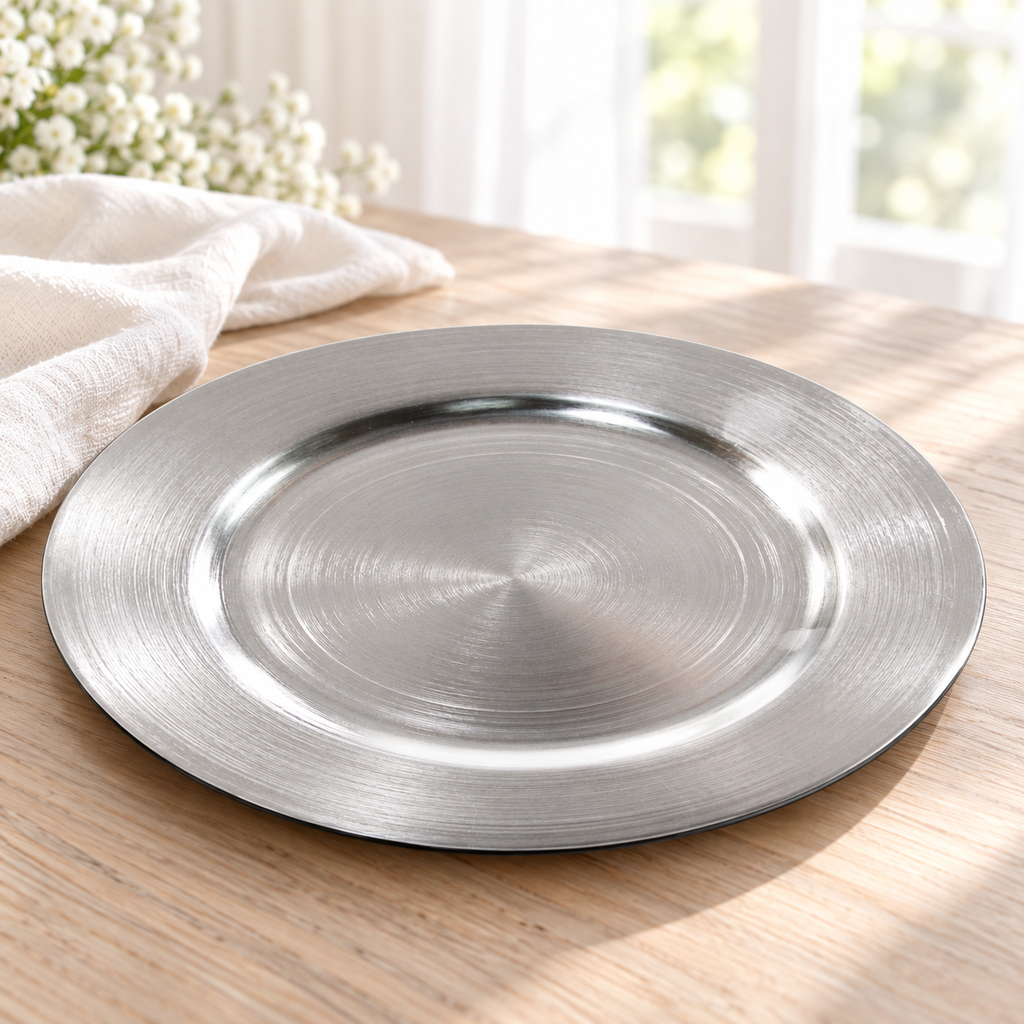 Oblique view of an empty metallic silver decorative charger showing its shallow rim and thin outer edge.