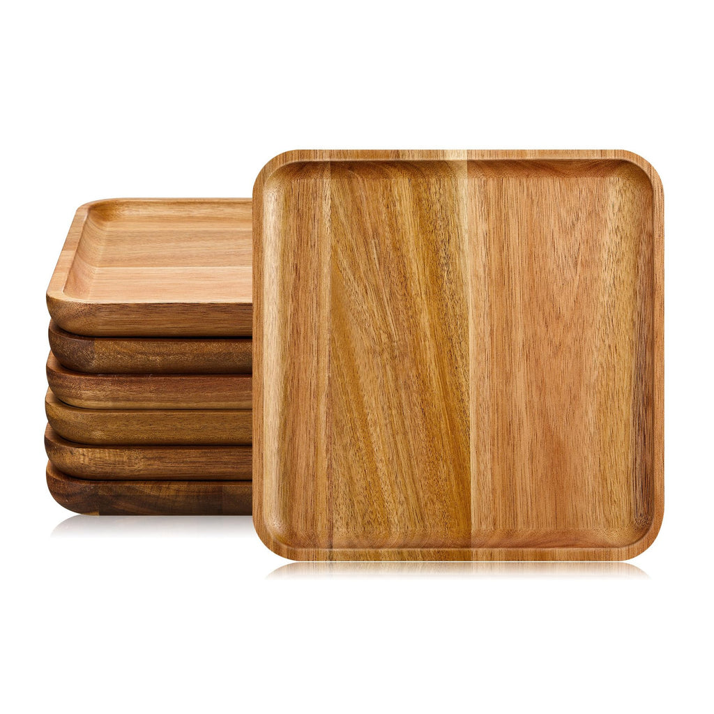 Square acacia wood plates on white; representative arrangement from the set.