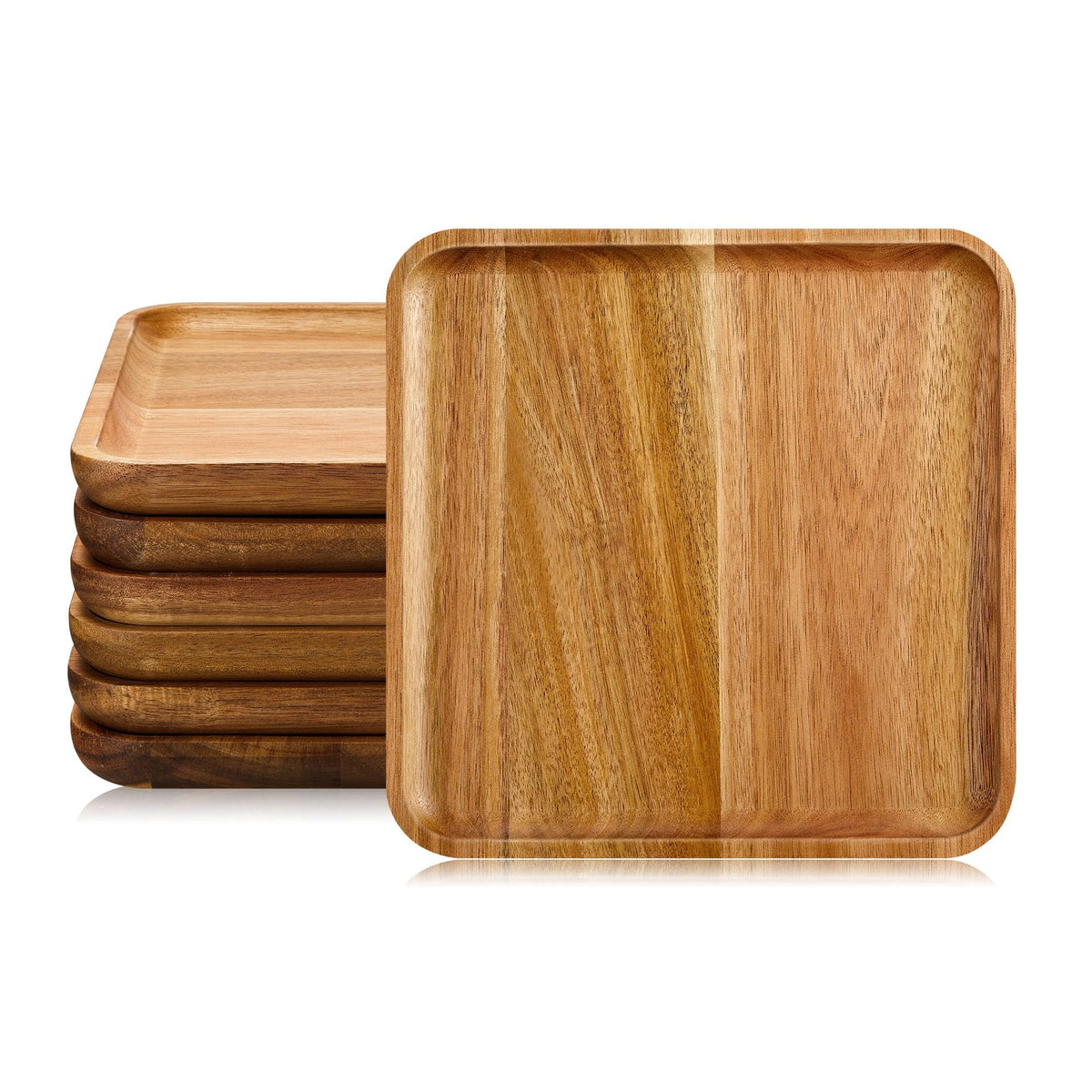 Square acacia wood plates on white; representative arrangement from the set.