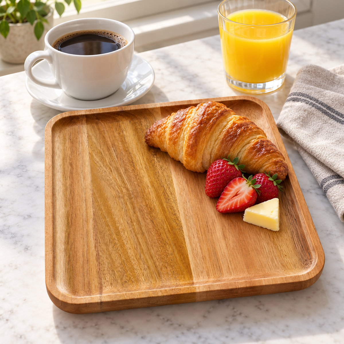 Square acacia wood plates: single-plate breakfast. Food and styling props not included.
