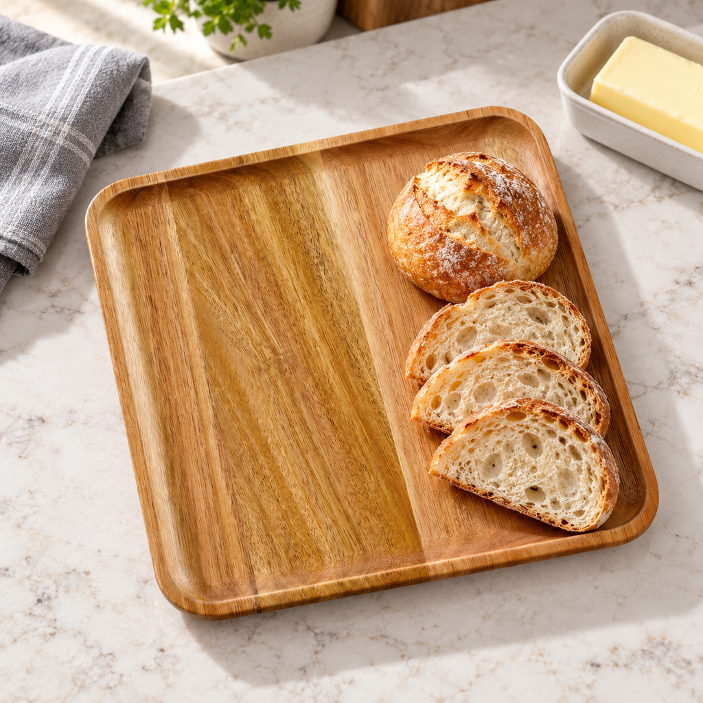Square acacia wood plates: single-plate bread service. Food and styling props not included.