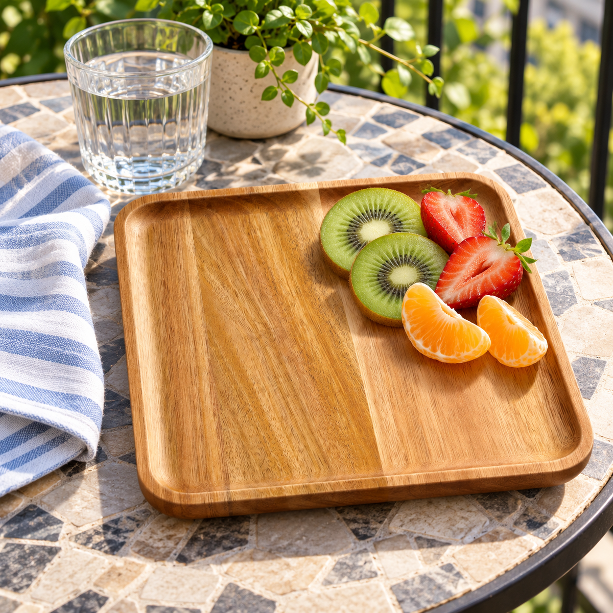 Square acacia wood plates: single-plate balcony fruit. Food and styling props not included.