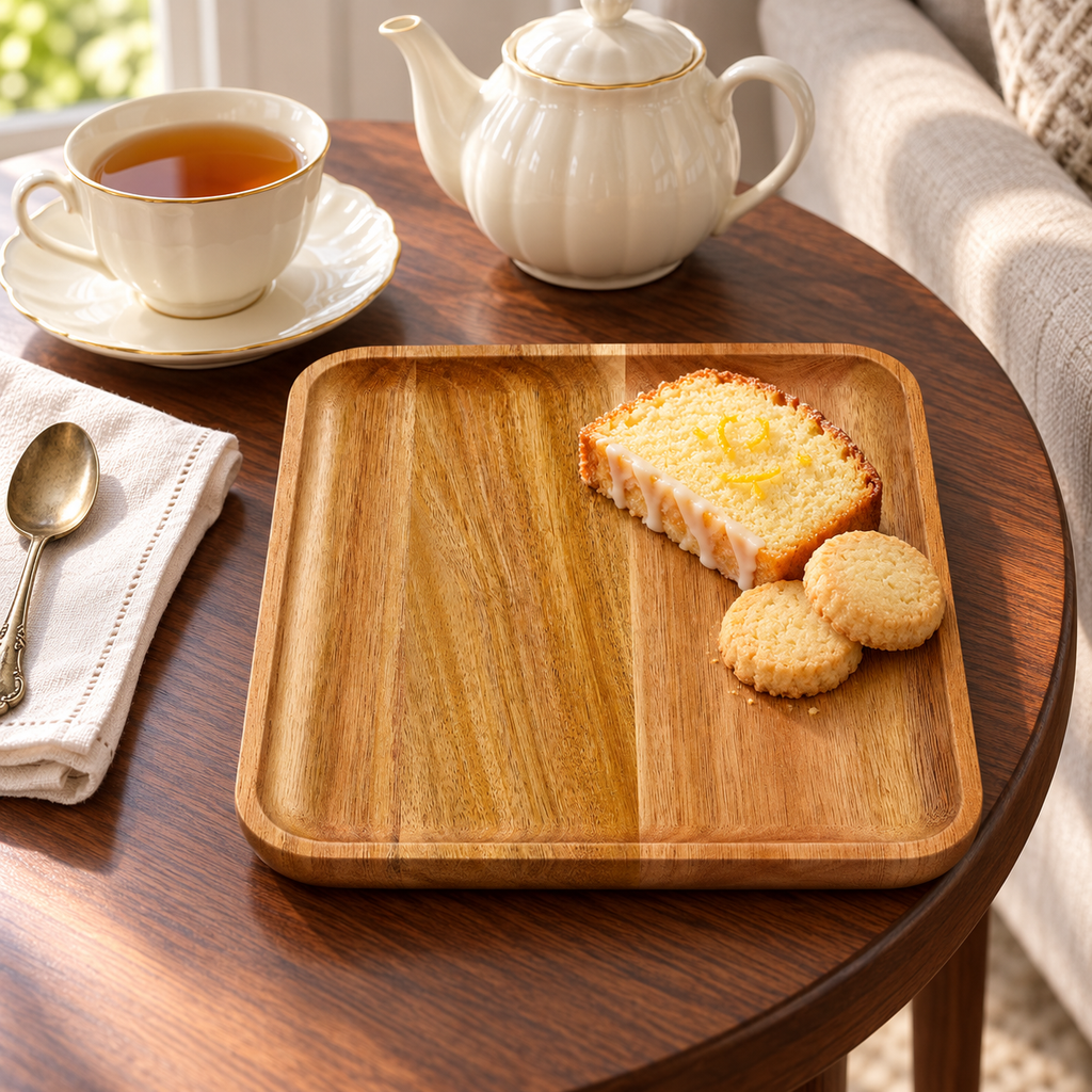 Square acacia wood plates: single-plate afternoon tea. Food and styling props not included.