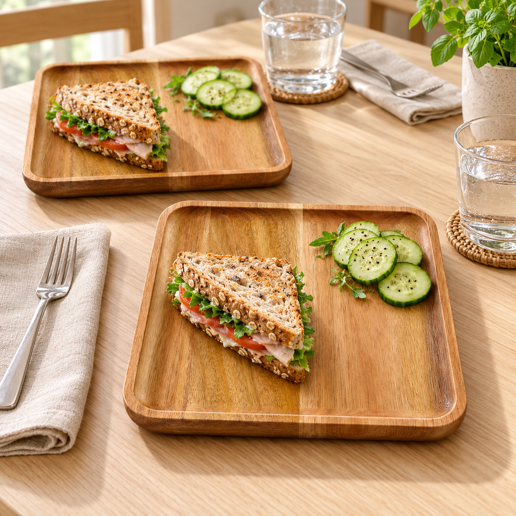 Square acacia wood plates: two-plate light lunch. Food and styling props not included.
