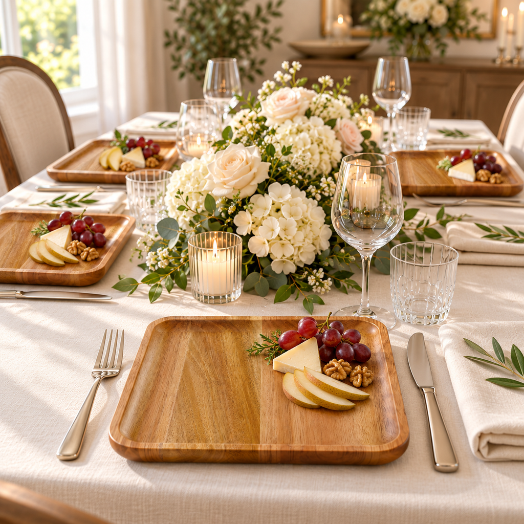 Square acacia wood plates: fruit and cheese serving. Food and styling props not included.