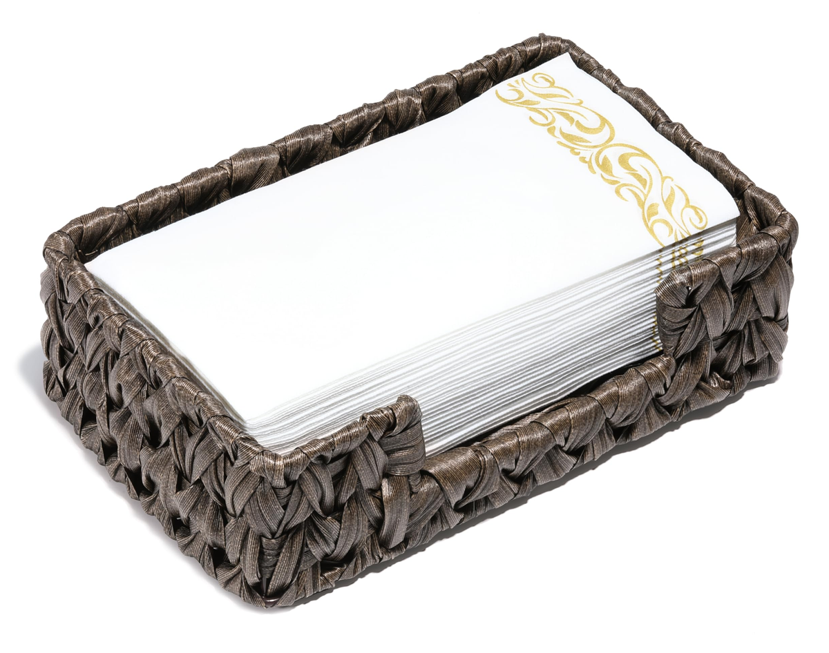 Bark Brown plastic-wicker guest towel tray with a lowered front notch and a stack of white and gold guest towels shown as props on white. Guest towels and styling props not included.