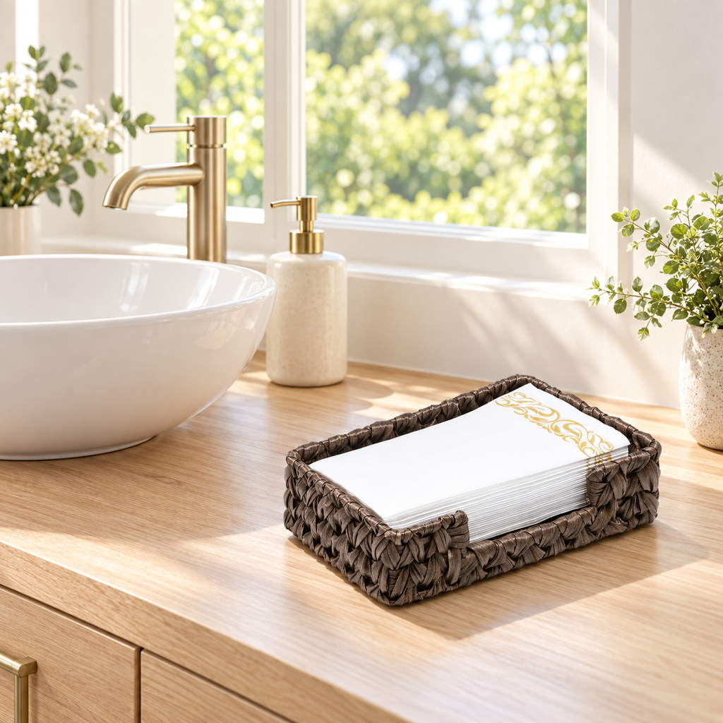 Bark Brown plastic-wicker guest towel tray beside a white basin on a light wood vanity near a sunny window; guest towels and decor shown as props. Guest towels and styling props not included.