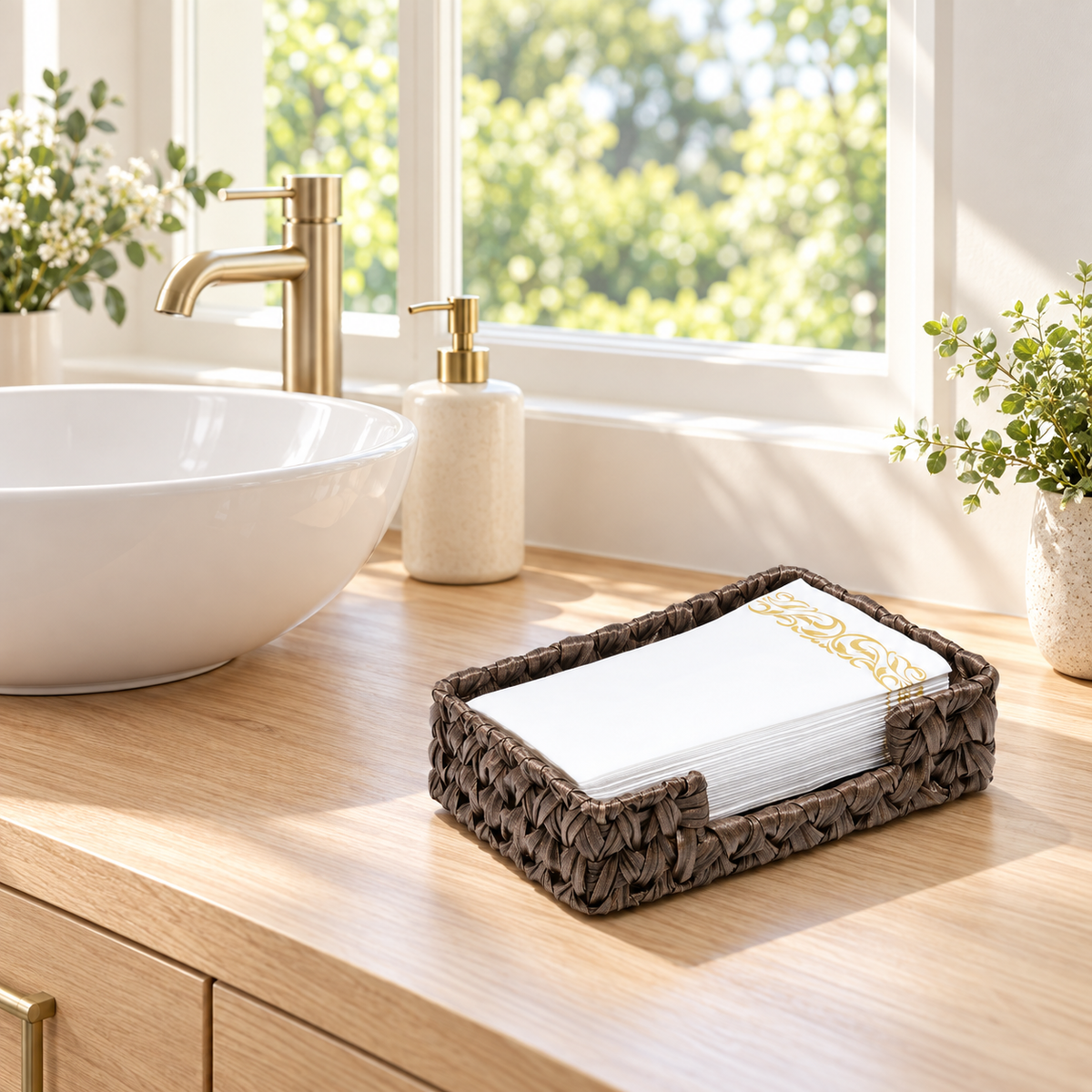 Bark Brown plastic-wicker guest towel tray beside a white basin on a light wood vanity near a sunny window; guest towels and decor shown as props. Guest towels and styling props not included.