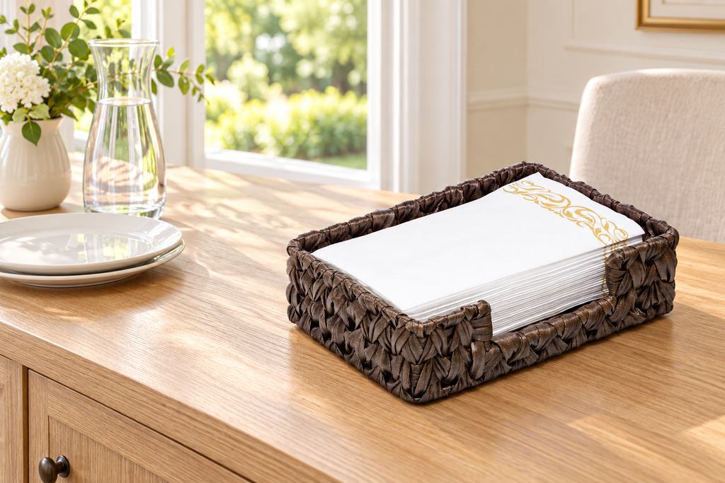 Bark Brown guest towel tray on the right of a light wood hosting counter, with the lowered front access notch visible and towels shown as props. Guest towels and styling props not included.