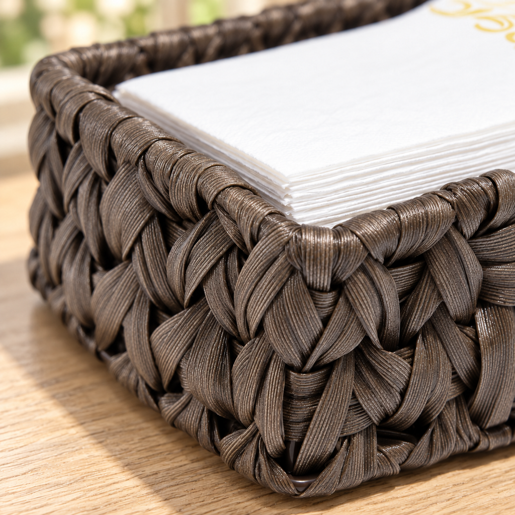Close detail of the Bark Brown plastic-wicker tray's rounded front corner, thick wrapped rim and broad interlaced strips, with guest towels shown as props. Guest towels and styling props not included.