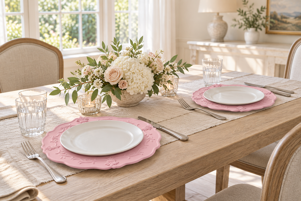 Two pink embossed chargers under separate white plates on a sunlit dining table. White dinner plates and styling props are not included.