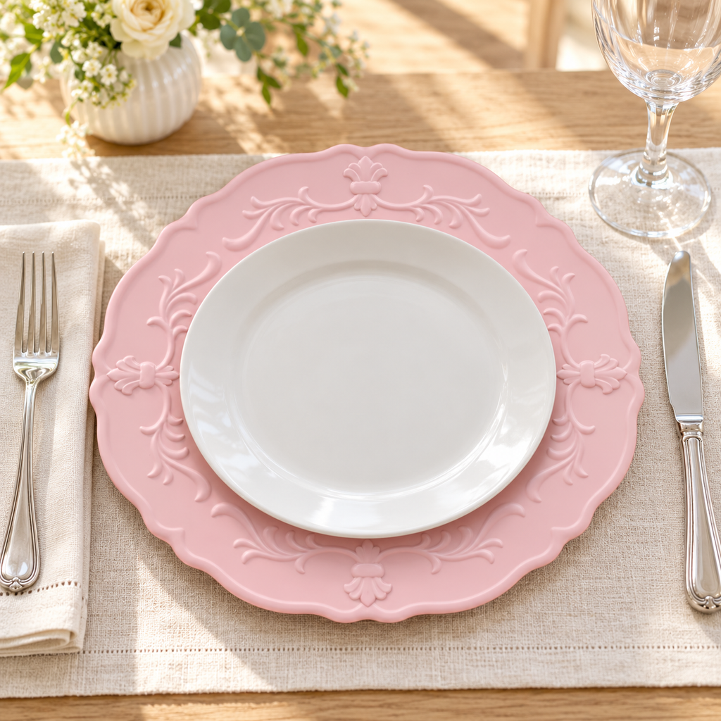 Pink embossed charger under a white dinner plate in a linen table setting. White dinner plates and styling props are not included.