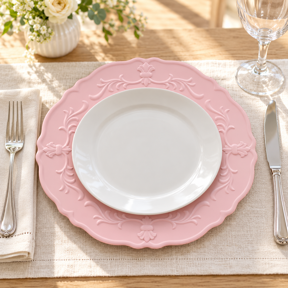 Pink embossed charger under a white dinner plate in a linen table setting. White dinner plates and styling props are not included.