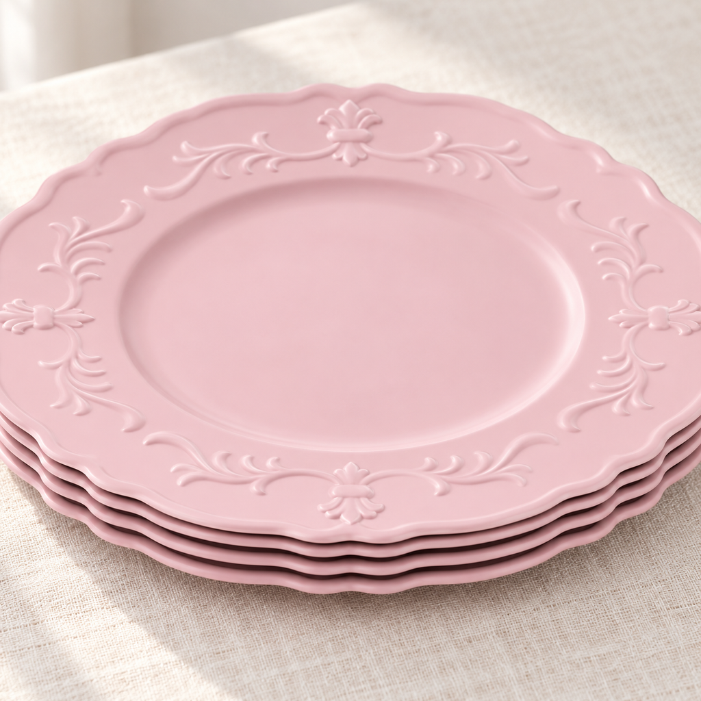 Close view of nested pink chargers and their scalloped edge profiles. Representative arrangement from the set.