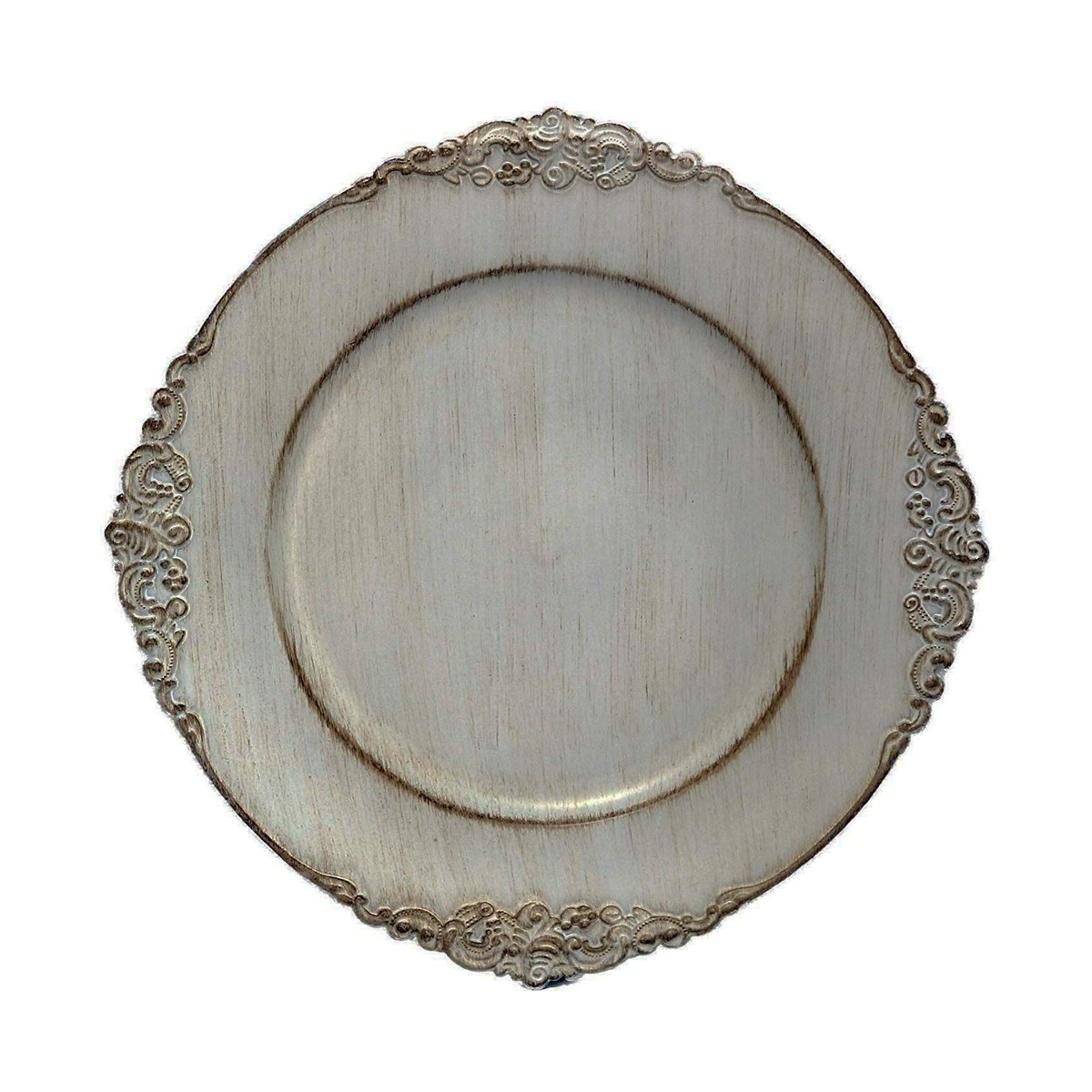 Authentic source-white reframe showing antique grey decorative charger with distressed finish and ornate scroll rim. Representative arrangement from the set.
