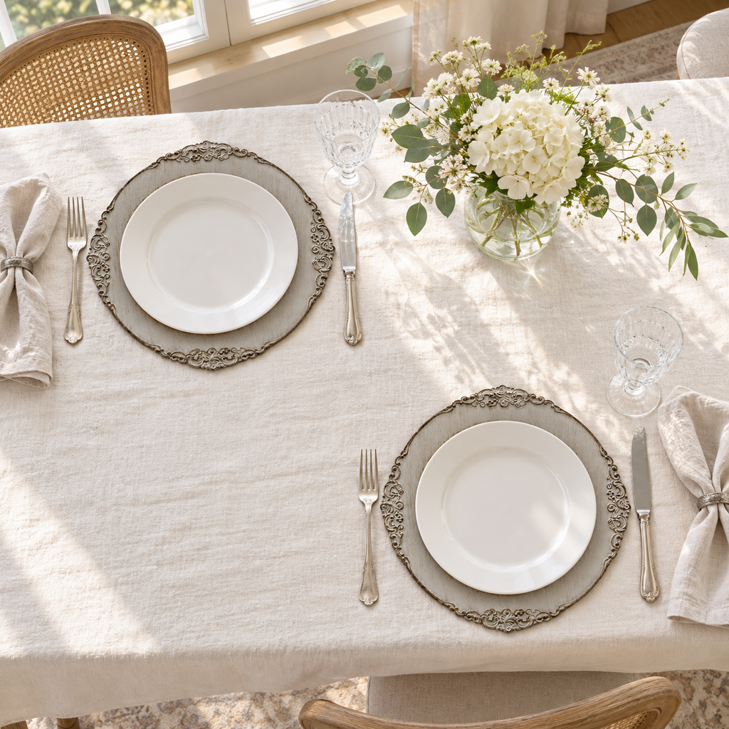Wide two-setting dining table showing antique grey decorative charger with distressed finish and ornate scroll rim. White dinner plates and styling props are not included.