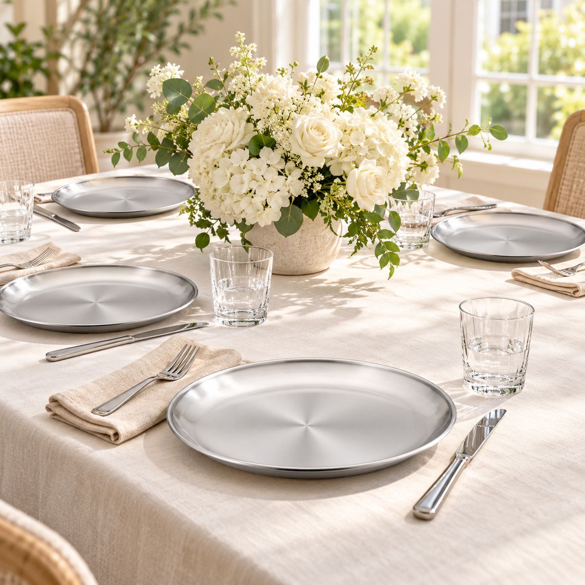 Four shallow silver steel dinner plates at a linen luncheon table with white flowers. Food and styling props not included.