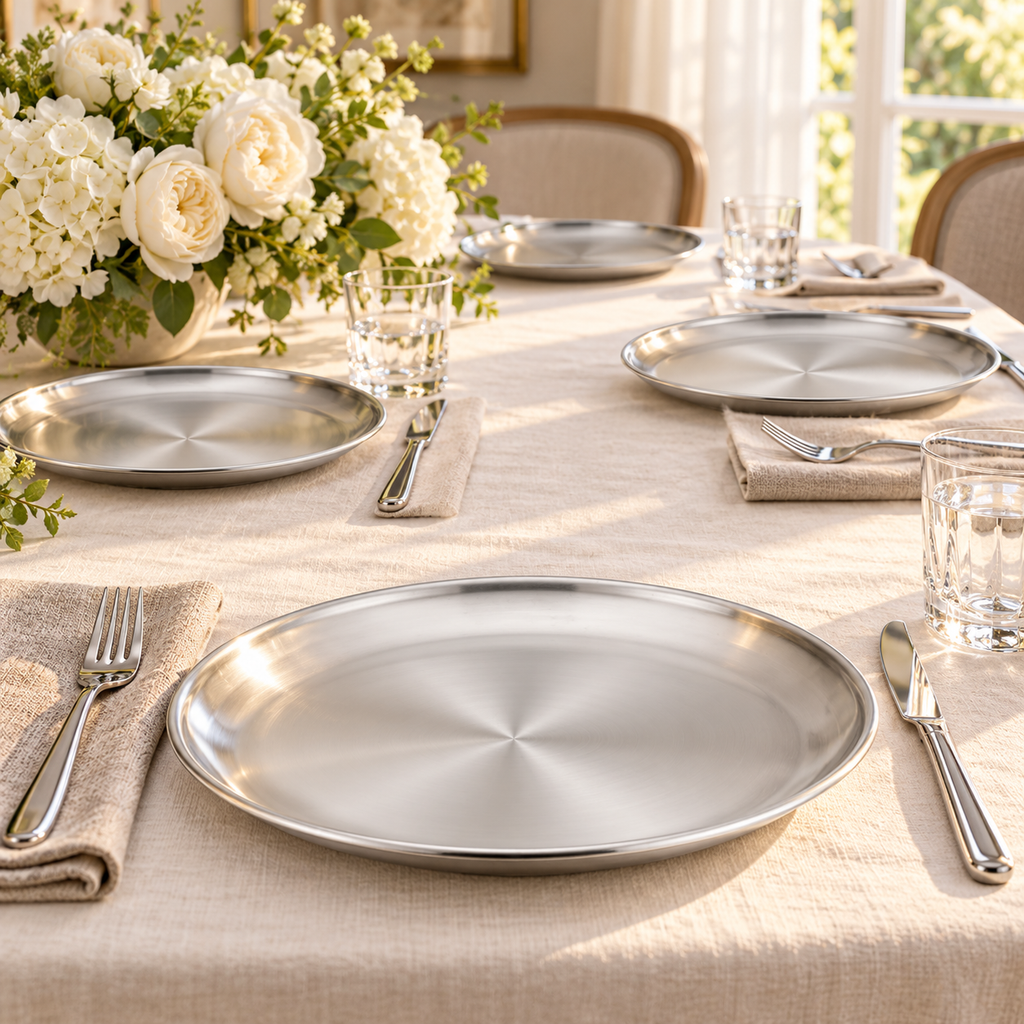 Silver steel dinner plate at a guest setting with three matching places and white flowers behind. Food and styling props not included.
