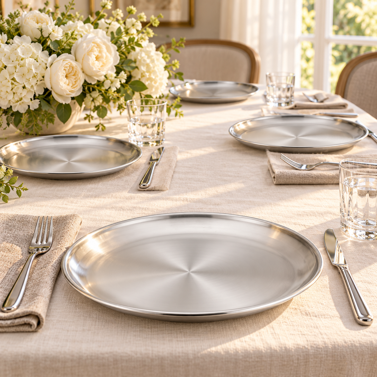 Silver steel dinner plate at a guest setting with three matching places and white flowers behind. Food and styling props not included.