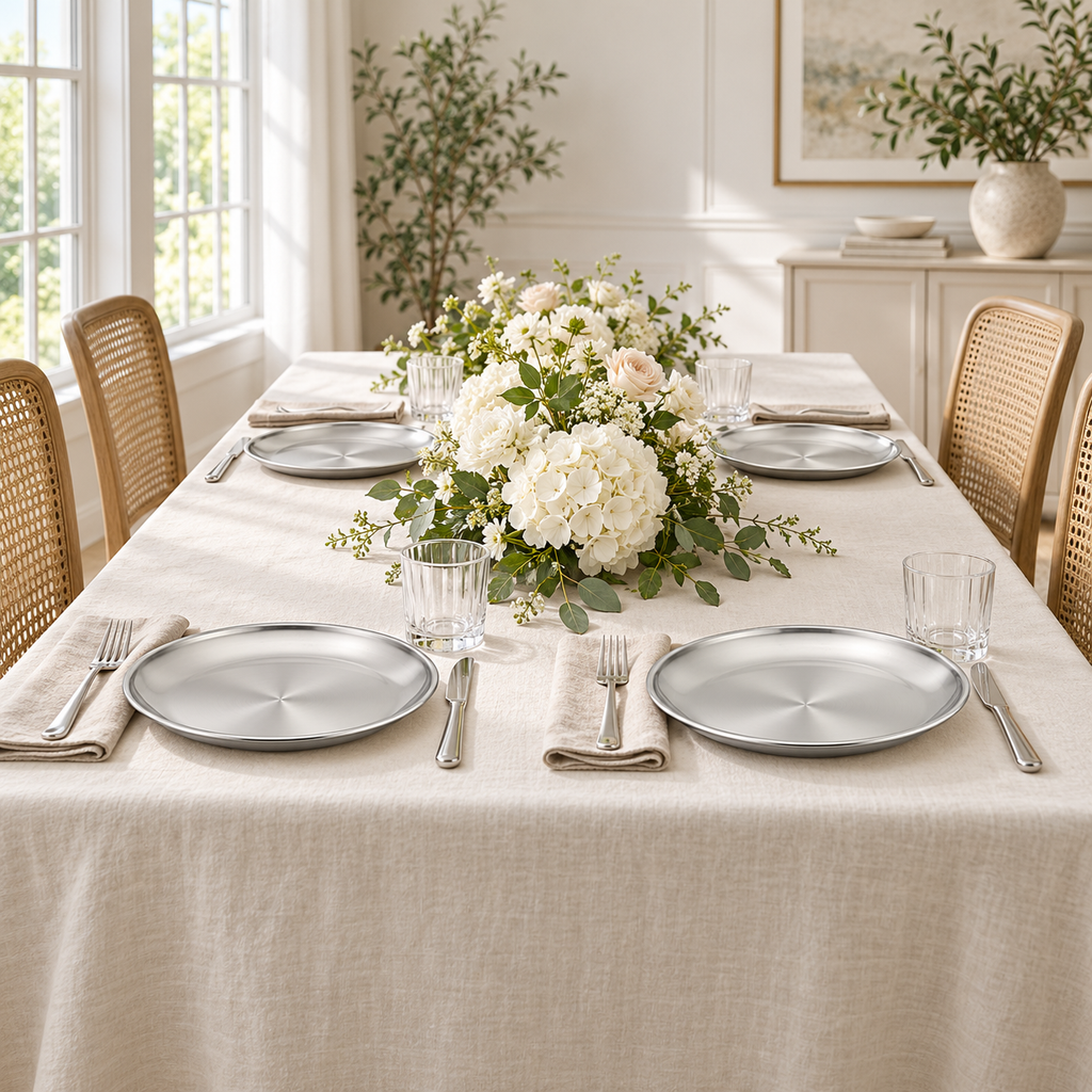 Four silver steel plates and coordinated linen place settings viewed along a floral dining table. Food and styling props not included.