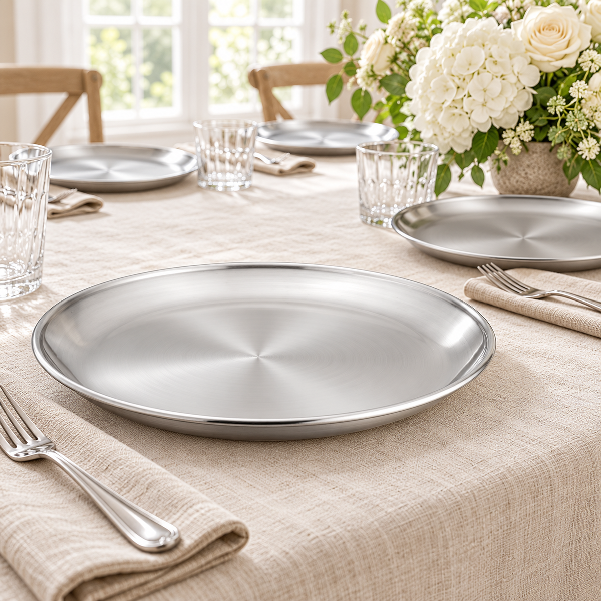 Narrow rolled rim and brushed shallow well of a silver steel plate on a floral linen table. Food and styling props not included.