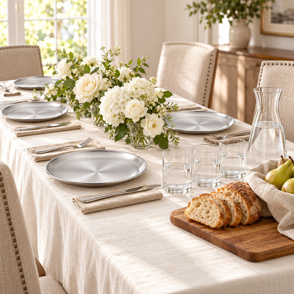 Four silver steel dinner plates beside a linen-covered host serving area with bread, pears and water. Food and styling props not included.