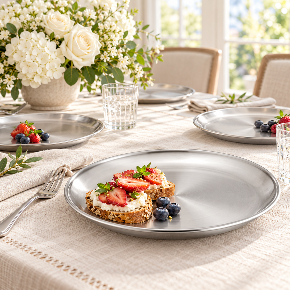 Strawberry toast and blueberries on a shallow silver steel plate at a floral linen luncheon table. Food and styling props not included.