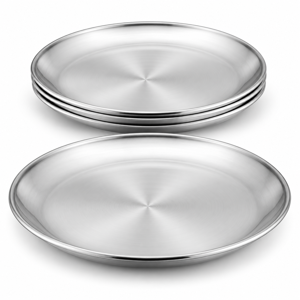 Four shallow stainless steel dinner plates on white, with one plate in front and three nested behind, showing the brushed well and slim rolled rim.
