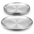 Four shallow stainless steel dinner plates on white, with one plate in front and three nested behind, showing the brushed well and slim rolled rim.