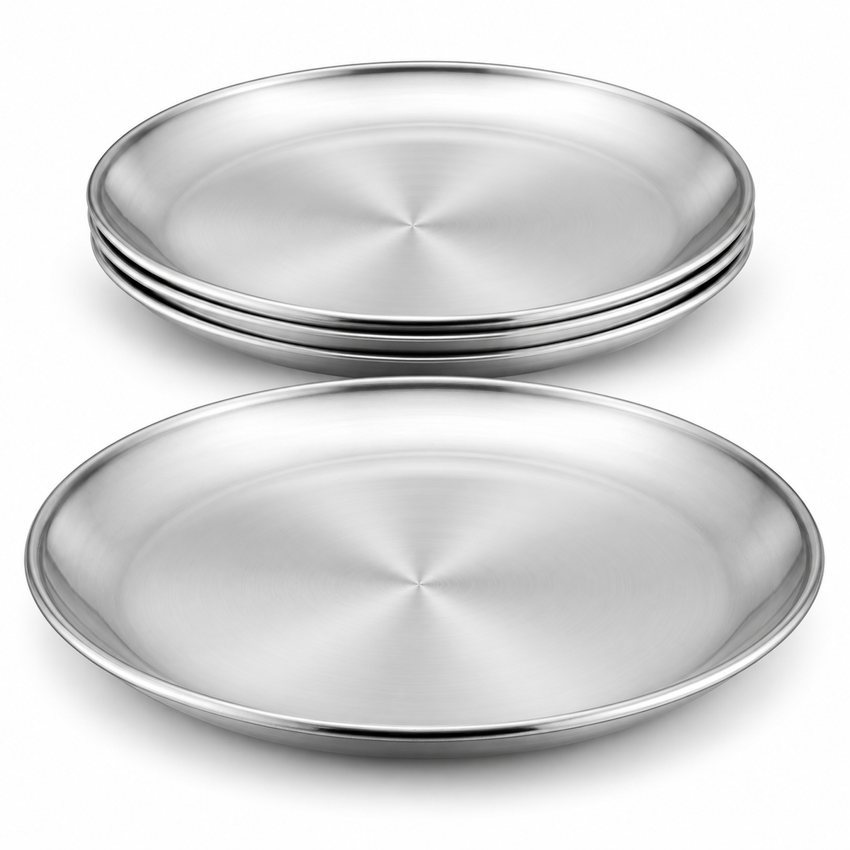 Four shallow stainless steel dinner plates on white, with one plate in front and three nested behind, showing the brushed well and slim rolled rim.