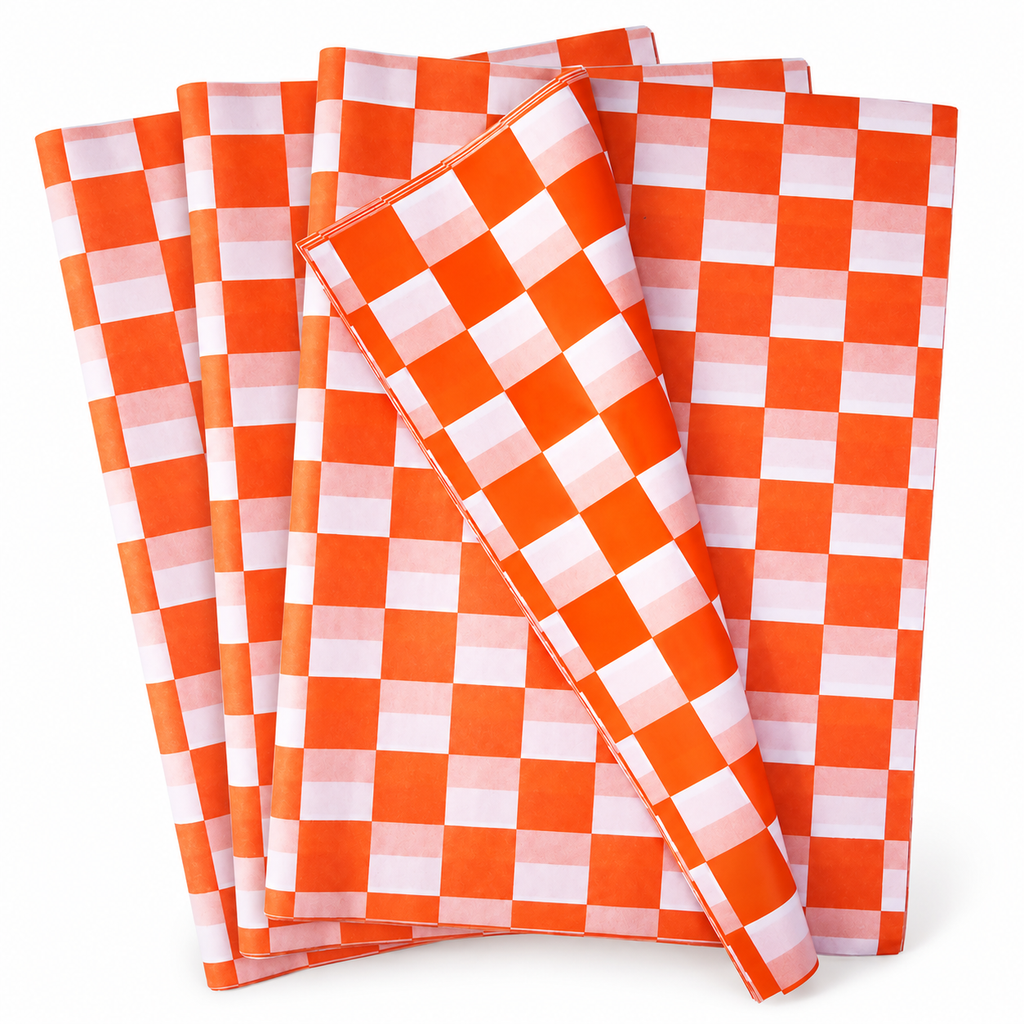 Vivid orange and white check tissue paper, white photograph, SKU B0D7VJJBM4. Representative sheets from 100-sheet pack; styling not included.