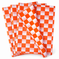 Vivid orange and white check tissue paper, white photograph, SKU B0D7VJJBM4. Representative sheets from 100-sheet pack; styling not included.