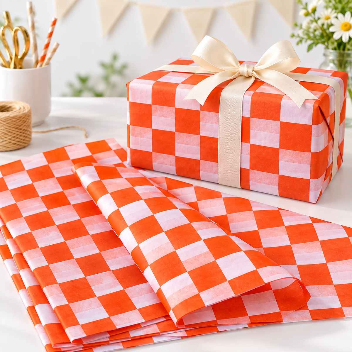 Vivid orange and white check tissue paper, birthday photograph, SKU B0D7VJJBM4. Representative sheets from 100-sheet pack; styling not included.