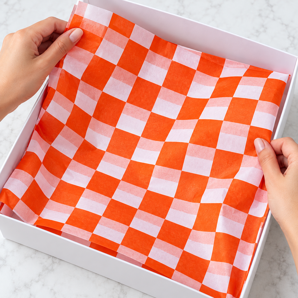 Vivid orange and white check tissue paper, hand photograph, SKU B0D7VJJBM4. Representative sheets from 100-sheet pack; styling not included.