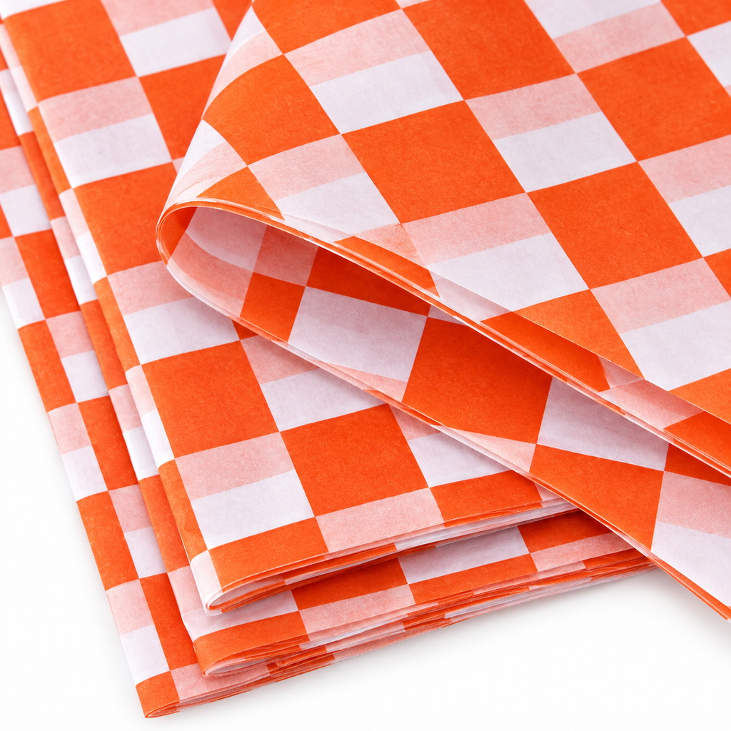 Vivid orange and white check tissue paper, detail photograph, SKU B0D7VJJBM4. Representative sheets from 100-sheet pack; styling not included.