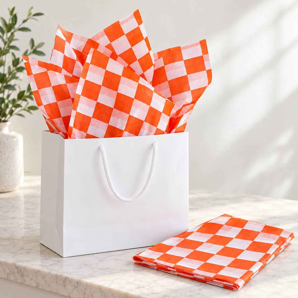 Vivid orange and white check tissue paper, gift bag photograph, SKU B0D7VJJBM4. Representative sheets from 100-sheet pack; styling not included.