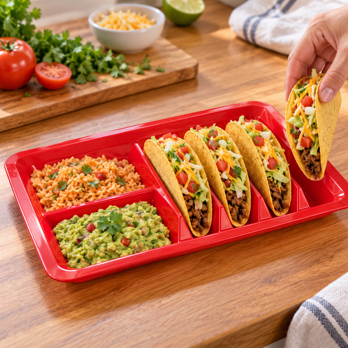 Colorful integral taco trays shown in actual hand use. Representative subset; food and styling props not included.