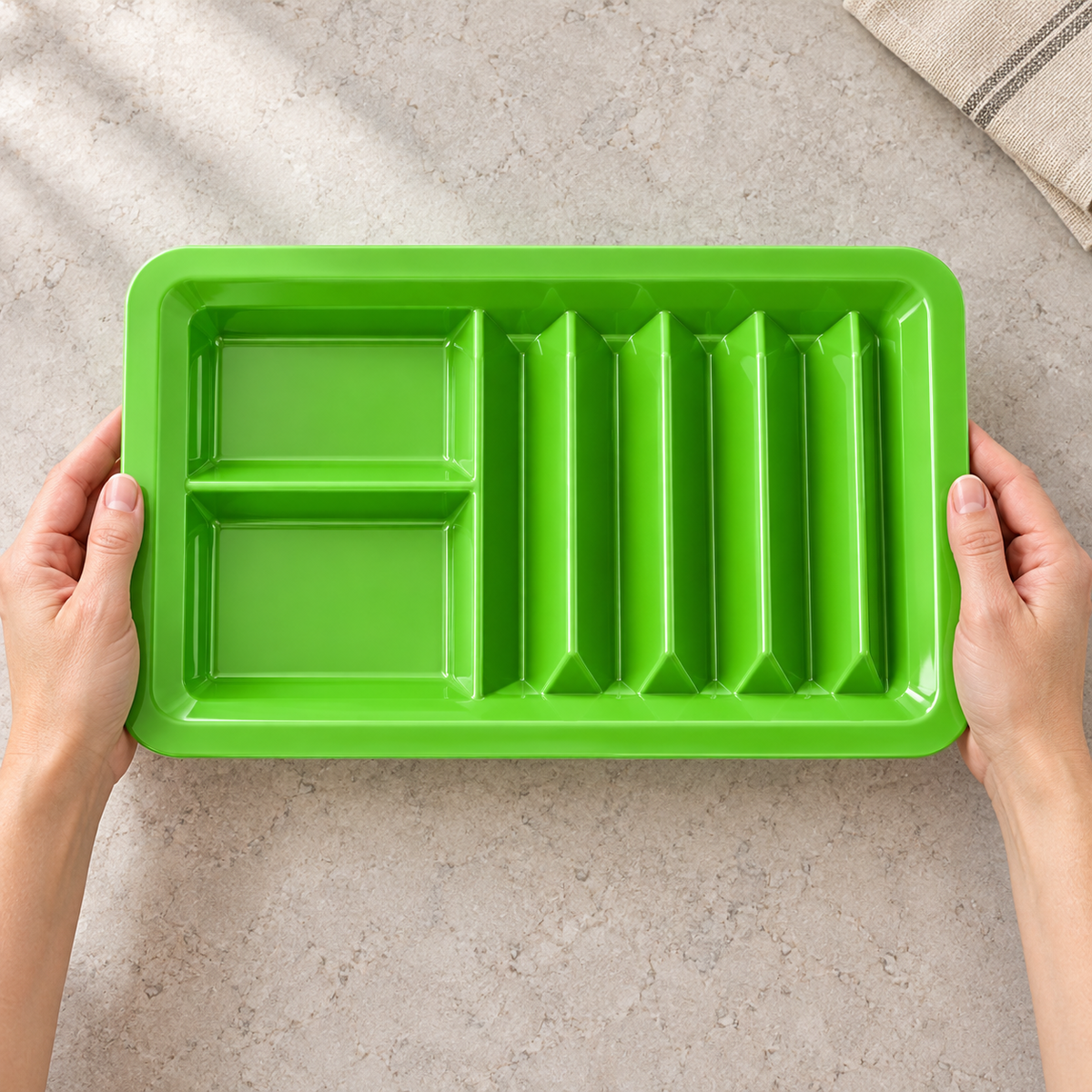 Colorful integral taco trays. Overhead view showing geometry and use scale. Representative subset; styling props not included.
