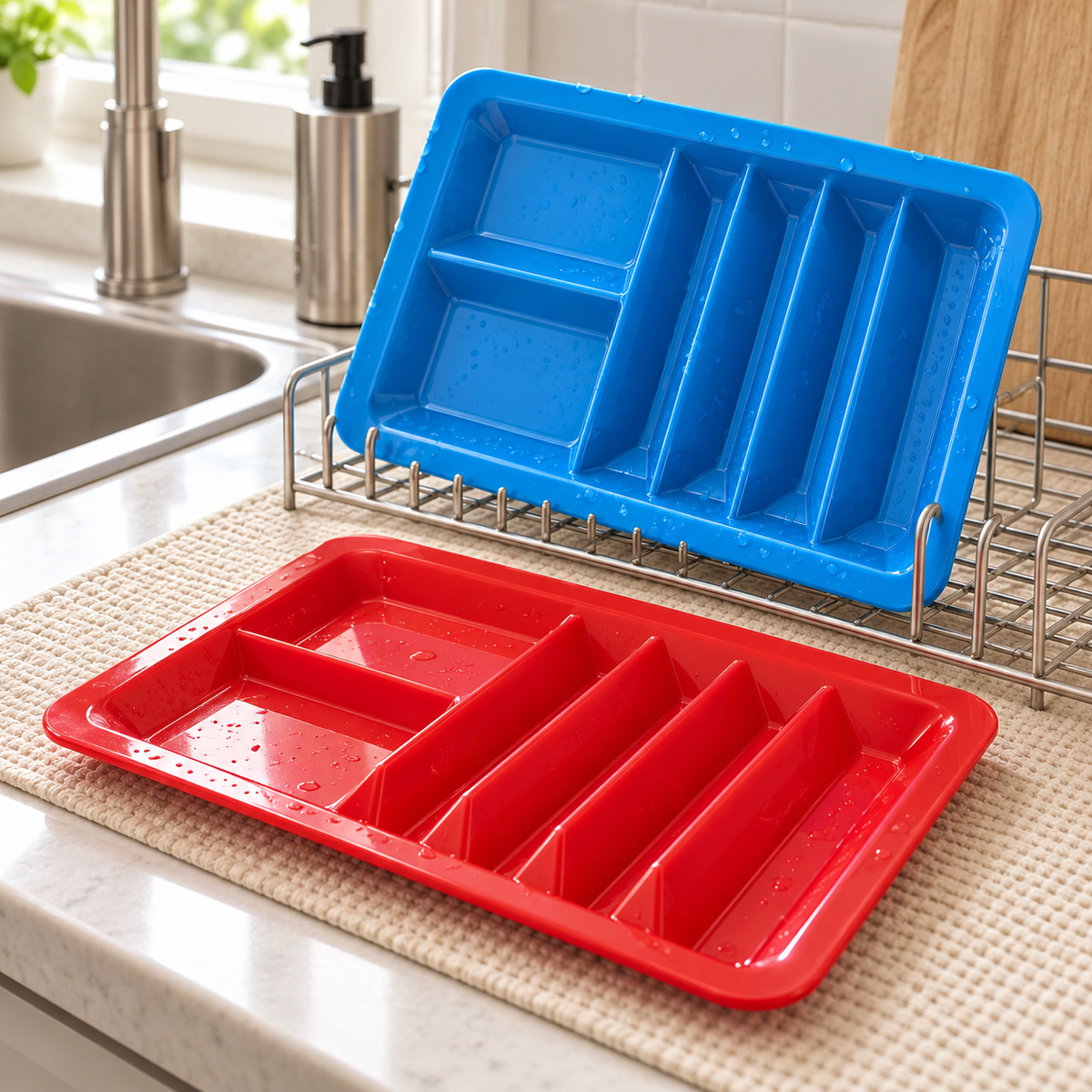 Colorful integral taco trays. After-washing drying scene showing exact tray compartments. Representative subset; styling props not included.