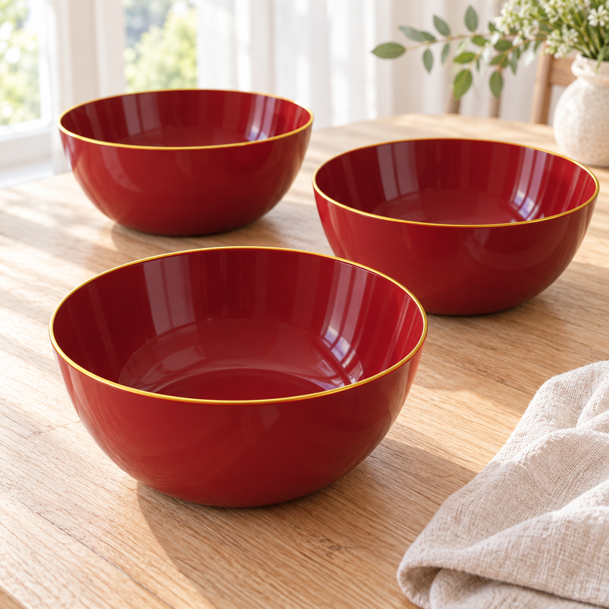 Empty burgundy plastic bowls with thin gold rims on a pale wood table beside cream linen. Food and styling props not included.